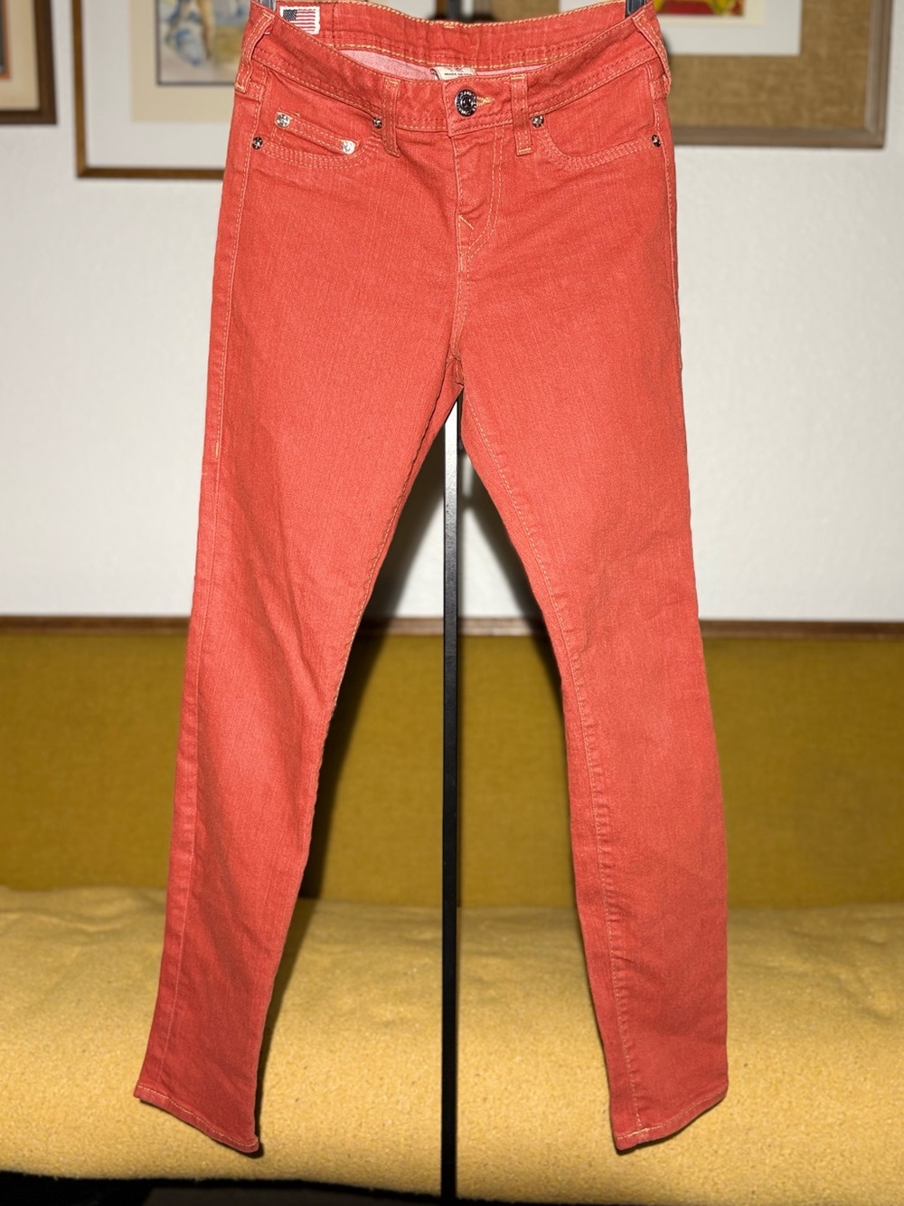 True Religion Halle Phantom Skinny Jeans Tomato Red Orange Mid Rise, Size 26